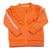 Neonově oranžová propínací sportovní mikina s volánky a pruhy