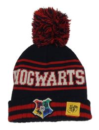 Tmavomodor-červená čepice s nápisem a bambulí - Harry Potter 