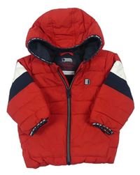 Červeno-bílo-tmavomodrá šusťáková zimní bunda s kapucí Next 