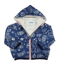 Tmavomodrá šusťáková podzimní bunda s vesmírem a kapucí