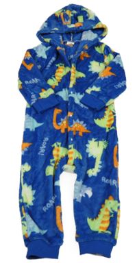 Modrá chlupatá kombinéza s dinosaury a kapucí 