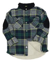 Šedo-tmavomodrá kostkovaná zateplená košilová bunda F&F