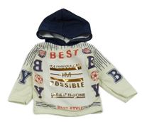 Smetanovo-tmavomodrá mikina s nápisem a kapucí 