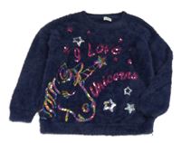 Tmavomodrý chlupatý svetr s nápisem z flitrů F&F