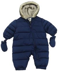 Tmavomodrá prošívaná šusťáková zimní kombinéza s kapucí s kožešinou + rukavice M&S