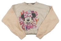 Pudrová žebrovaná oversize crop mikina s Minnie a meruňkovými pletenými rukávy zn. cavallo Bianco