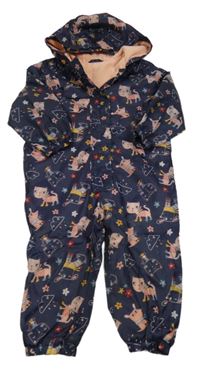 Tmavomodrá šusťáková jarní kombinéza s kočičkami a pejsky a obíláčky a kapucí Nutmeg