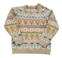 Béžový vzorovaný svetr s perníčky a sněhuláčky a soby Tu