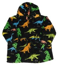 Černá huňatá oversize mikina s dinosaury a kapucí 