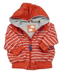 Červeno-bílý pruhovaný šusťákový jarní bomber s nápisy a kapucí ZEEMAN