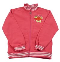 Tmavorůžová propínací teplá mikina s jahůdkami a mašlí a pruhy 