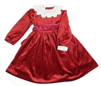 Tmavočerveno-bílé lesklé sametové šaty s límcem a páskem Miss Victoria