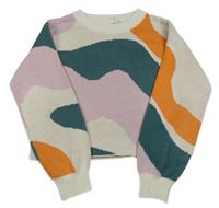 Smetanovo-šalvějovo-starorůžovo-oranžový vzorovaný pletený crop svetr H&M