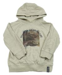 Světlebéžovo/šedá melírovaná mikina s medvídkem a lesem a žebrovanými rukávy a kapucí Topolino