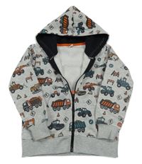 Šedá melírovaná propínací mikina se stavebními stroji a kapucí dopodopo