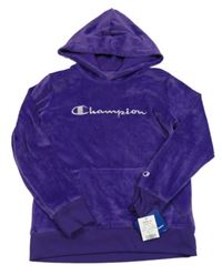 Nové - purpurová plyšová mikina s logem a kapsou a kapucí Champion