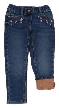 Modré skinny teplákové thermo rifle s kytičkami C&A