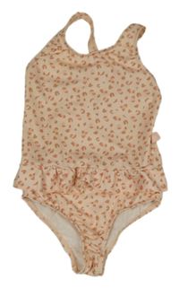 Pudrovo-cihlovo-světlerůžové vzorované jednodílné plavky s volánkem 