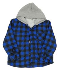 Černo-cobaltově modrá kostkovaná košilová bunda s kapucí 