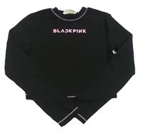 Černé žebrované hudební crop triko s nápisem - BlackPink h