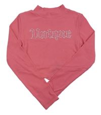Lososové žebrované crop triko s nápisem z kamínků a stojáčkem Matalan