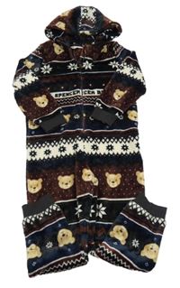 Tmavomodro-hnědá vzorovaná chlupatá kombinéza s medvědy a kapucí M&S