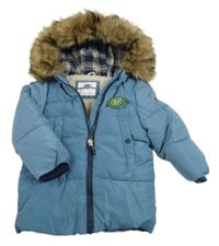 Nové - Modrá šusťáková zimní bunda s kapucí s kožešinou C&A