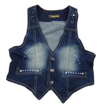 Tmavomodrá riflová crop vesta s kamínky