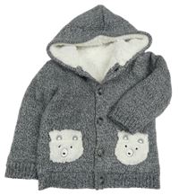 Tmavošedý melírovaný zateplený propínací svetr s medvědy a kapucí Nutmeg