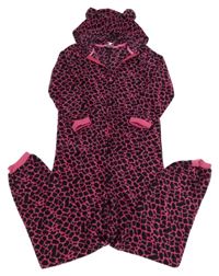 Fuchsiovo-černá vzorovaná fleecová kombinéza s kapucí