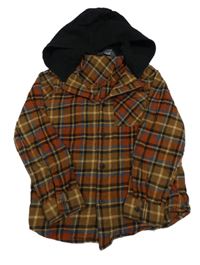 Hnědo-černo-petrolejová kostkovaná flanelová košile s teplákovou kapucí Primark