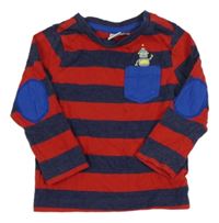 Tmavomodro-červené pruhované triko s robotem a kapsou Miniclub