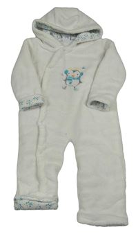 Bílá chlupatá zateplená kombinéza s tučňákem a kapucí Bubble Gum