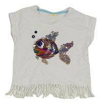 Bílé tričko s rybou z překlápěcích flitrů a třásněmi Kids