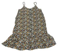 Černo-bílo-oranžové květované lehké šaty s knoflíky Primark