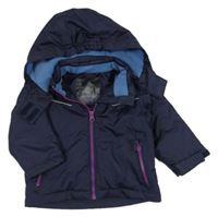 Tmavomodrá šusťáková zimní bunda s fialovým zipem a kapucí Pocopiano