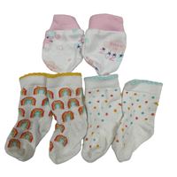 3 set - 2x bílo-barevné ponožky + bílo-růžové bavlněné rukavice 