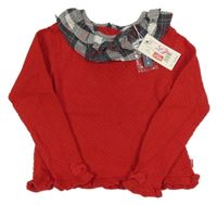 Nové - červený lehký svetr s šedým kostkovaným límečkem 