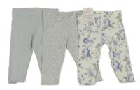 Nové - 3x žebrované legíny - světlemodré + šedé + bílo-modré květované F&F