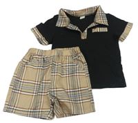 2set - Černo-béžové polo tričko s kostkovaným límcem + Béžovo-černé kostkované kraťasy Shein
