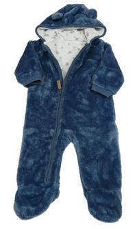 Tmavomodrá plyšová podšitá kombinéza s kapucí s oušky F&F