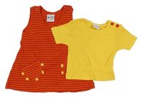 2set - Červeno-oranžové pruhované žebrované laclové šaty + žluté žebrované tričko 
