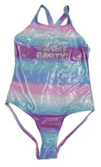 Modro-fialovo-tyrkysovo-růžové pruhované třpytivé jednodílné plavky s nápisem 