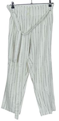 Dámské smetanovo-šedé proužkované lněné volné crop kalhoty s páskem