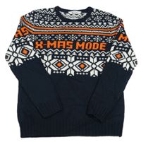 Tmavomodro-bílo-oranžový vzorovaný svetr s nápisem H&M
