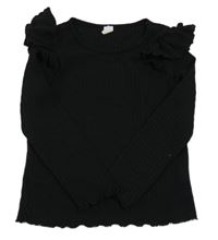 Černé žebrované úpletové triko s volánkem Shein