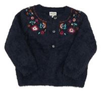 Tmavomodrý chlupatý propínací svetr s kytičkami 