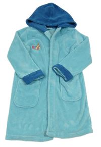 Modrý chlupatý župan s nápisem a kapucí 