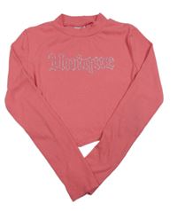 Růžové žebrované crop triko s kamínky Matalan