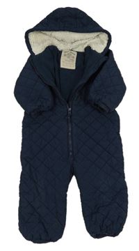 Tmavomodro-šedá prošívaná šusťáková zimní kombinéza s kapucí Next